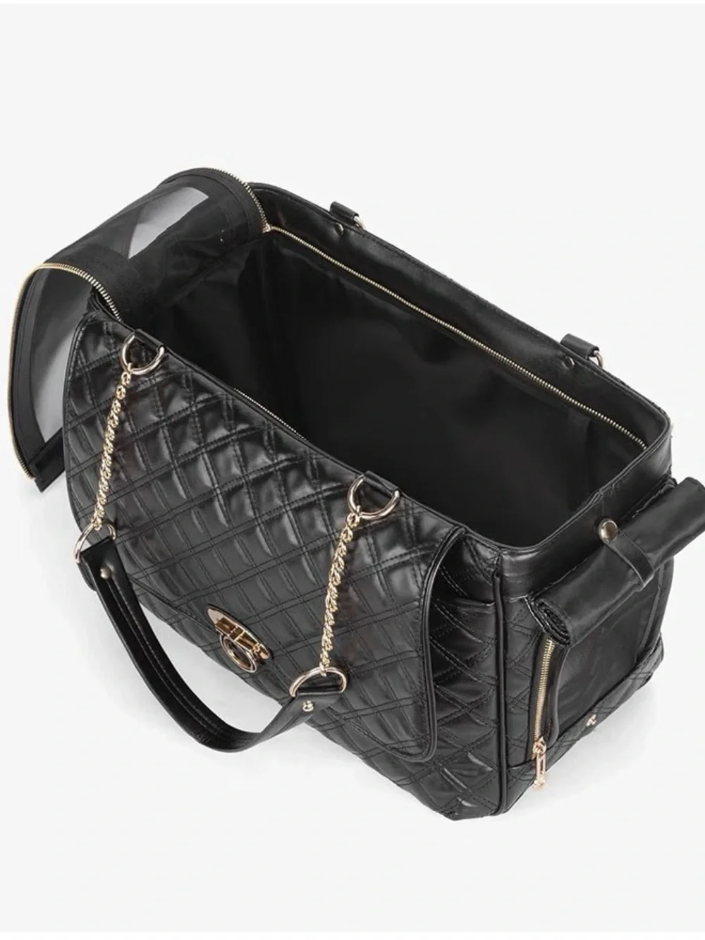 Stylish Quilted Black pet carrier tote bag with Gold Chain Details